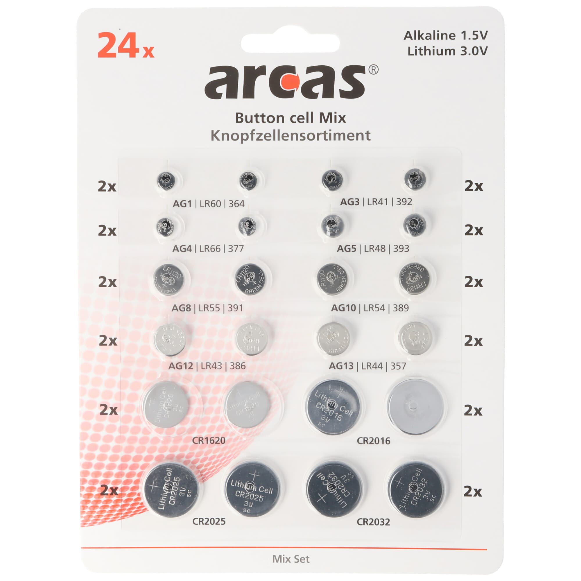 24 piles boutons alcalines et lithium triées dans un set