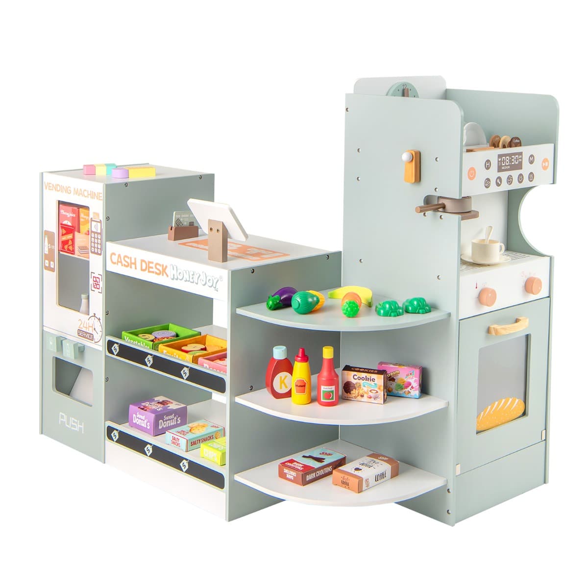 CostwayEnsemble de Jeu d'Epicerie pour Enfants Supermarché en Bois avec Distributeur Automatique Comptoir de Caisse pour 3+ Ans Gris