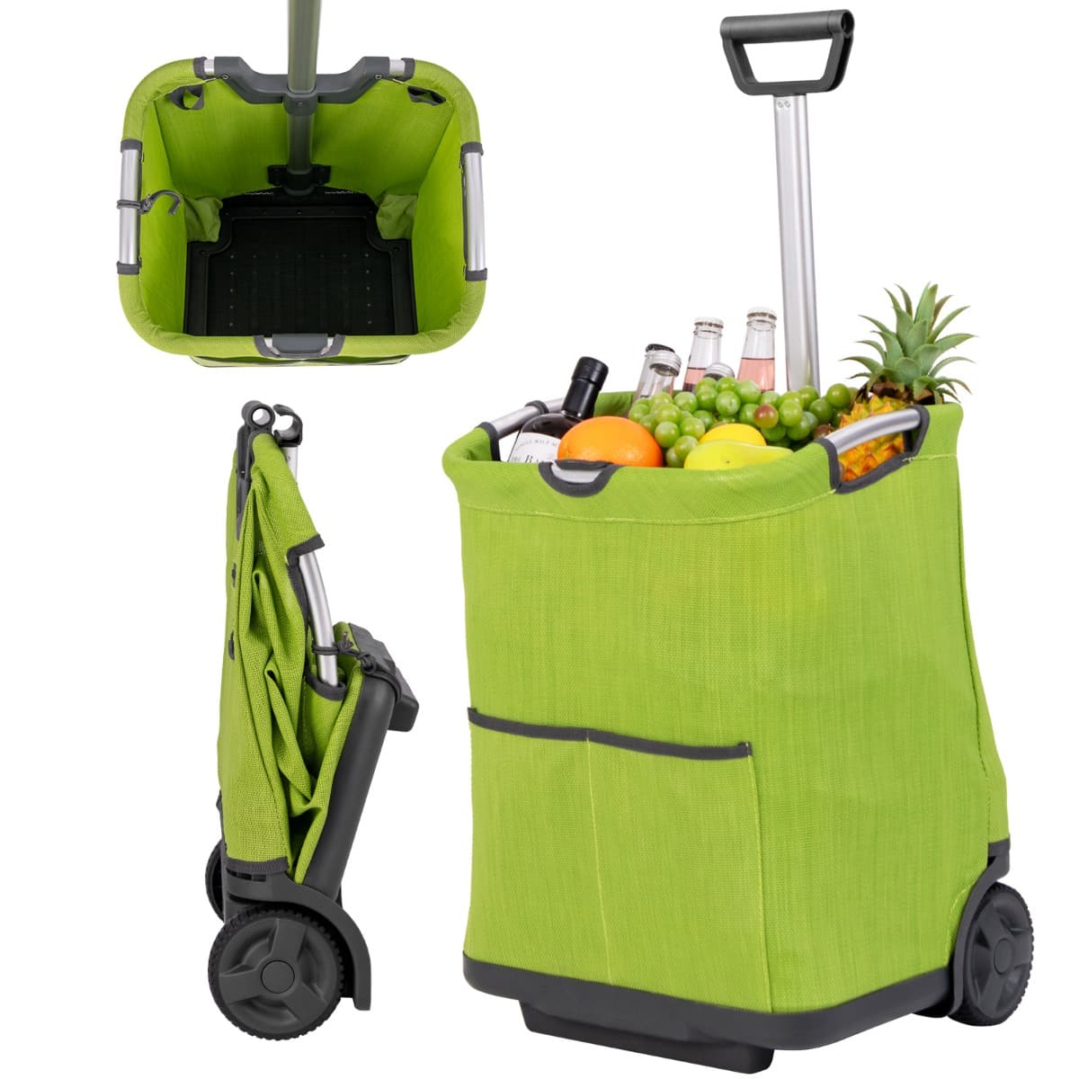 CostwayChariot de Courses Pliable de 50L Chariot Utilitaire Portable avec 3 Poches Poignée Rétractable Cadre en Aluminium Robuste Vert