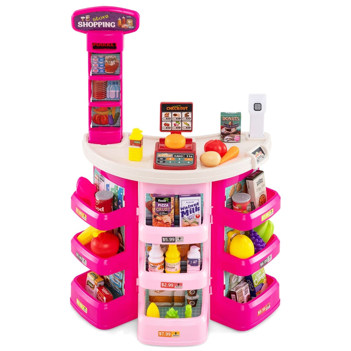 CostwayEnsemble de Jeux Supermarché pour Enfants 29 Pièces de Jeu de Rôle avec Chariot de Course Balance Scanner avec Lumière pour 3+ Ans Rose