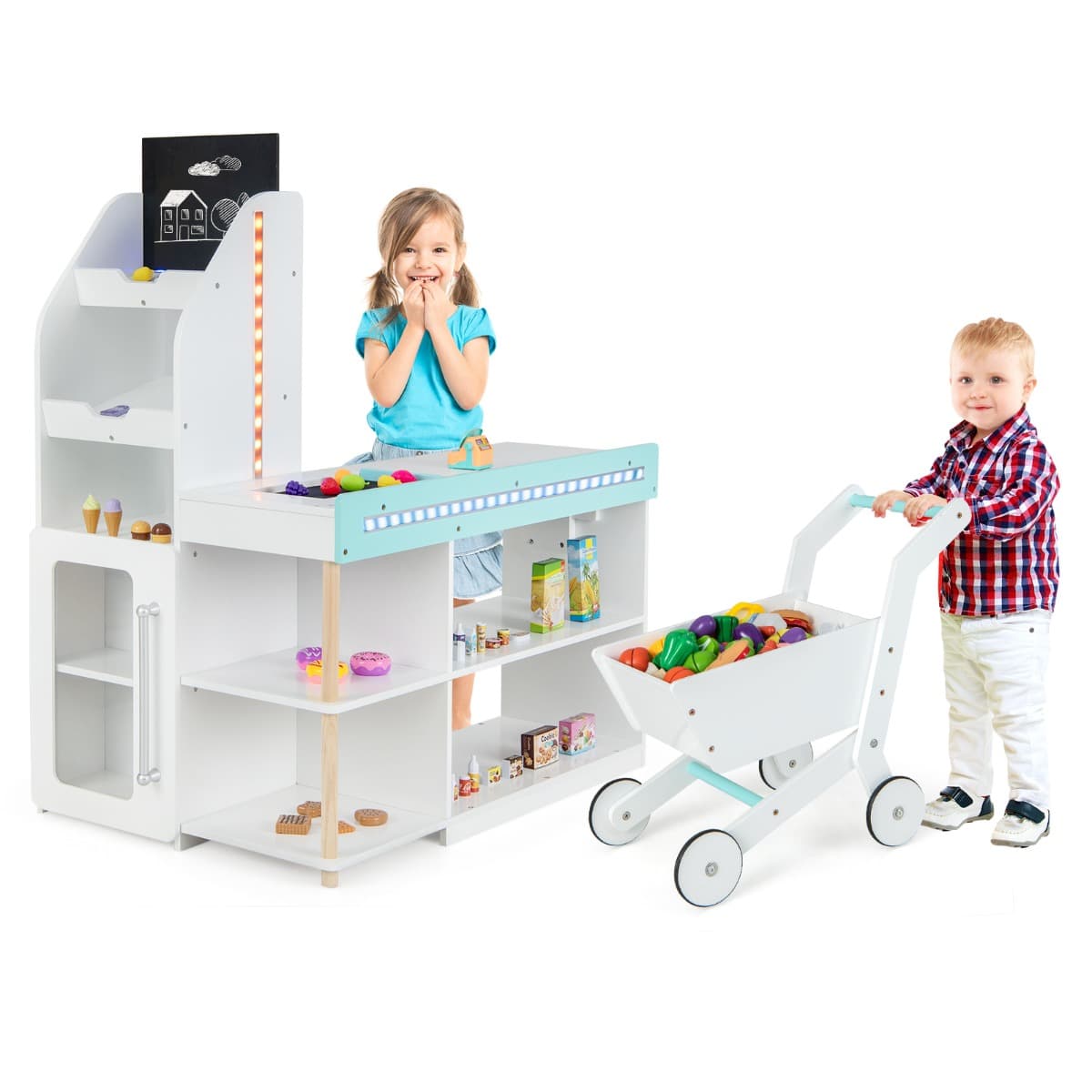 CostwayEnsemble de Jeu de Supermarché en Bois pour Enfants Epicerie de Jeu avec Caisse Enregistreuse Chariot Tableau Noir avec Lumières LED Blanc