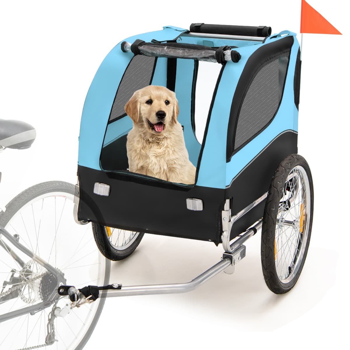CostwayRemorque de Vélo pour Animaux de Compagnie jusqu'à 40 KG avec Roues de 50 cm et Toit Ouvrant pour Chiens/Chats Bleu