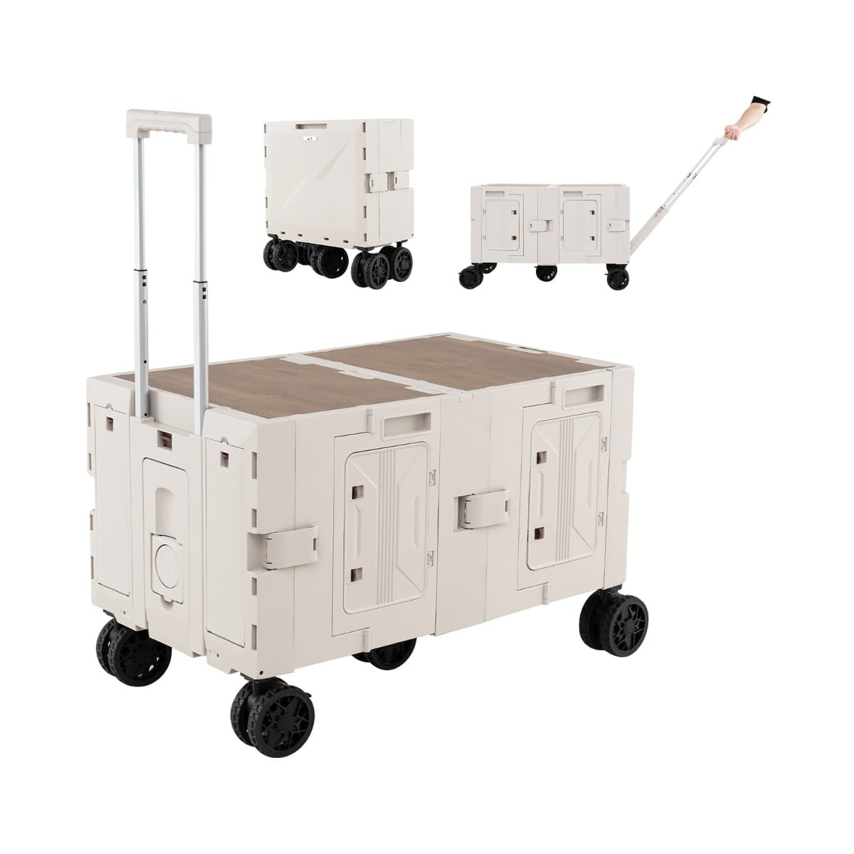 CostwayChariot de Plage Pliable avec Caisses de Rangement à 2 Niveaux Chariot Portable avec 5 Roues Pivotantes Poignée Télescopique en Métal Blanc