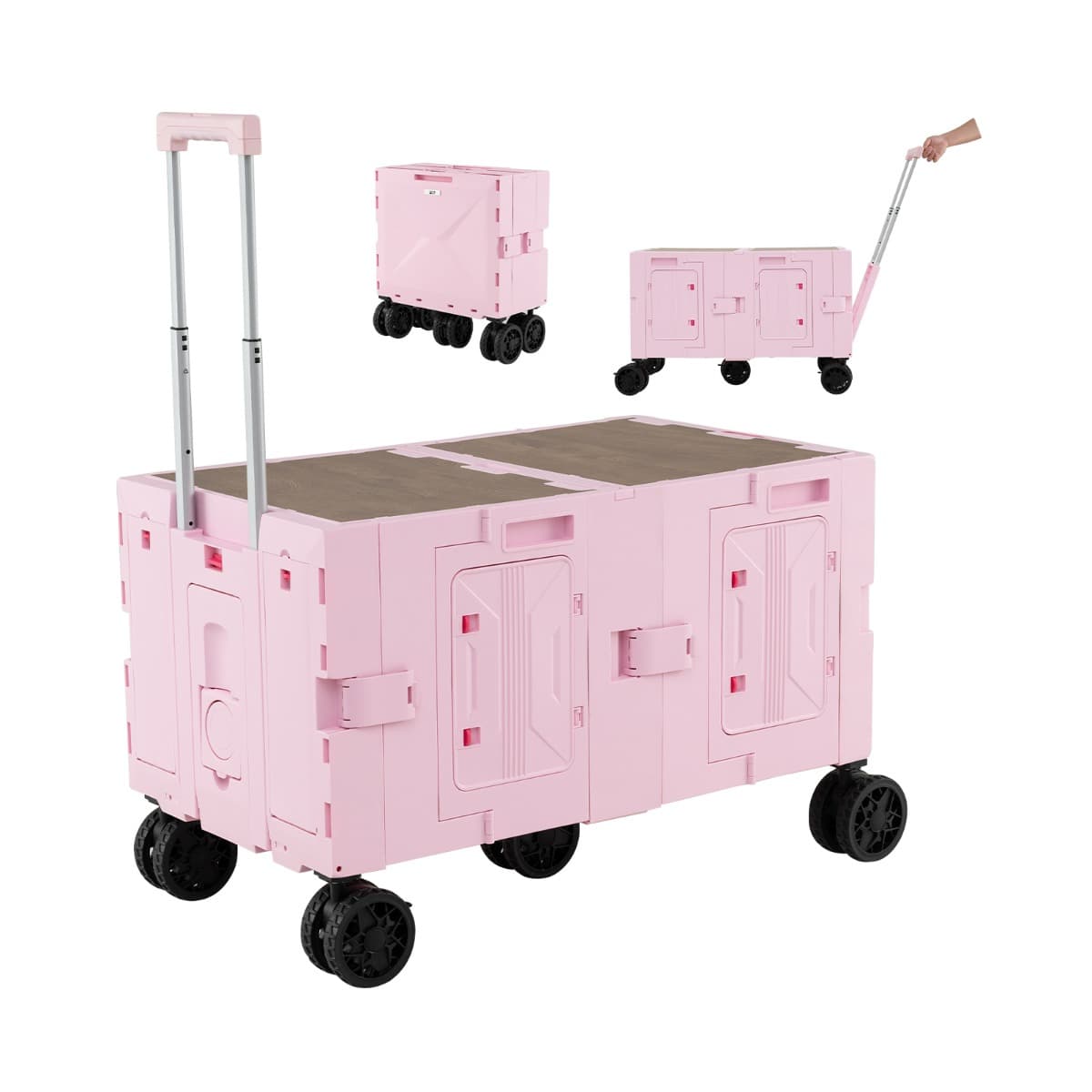 CostwayChariot Utilitaire Pliable avec Caisses de Rangement à 2 Niveaux 5 Roues Pivotantes Poignée Télescopique en Métal Chariot Portable Rose