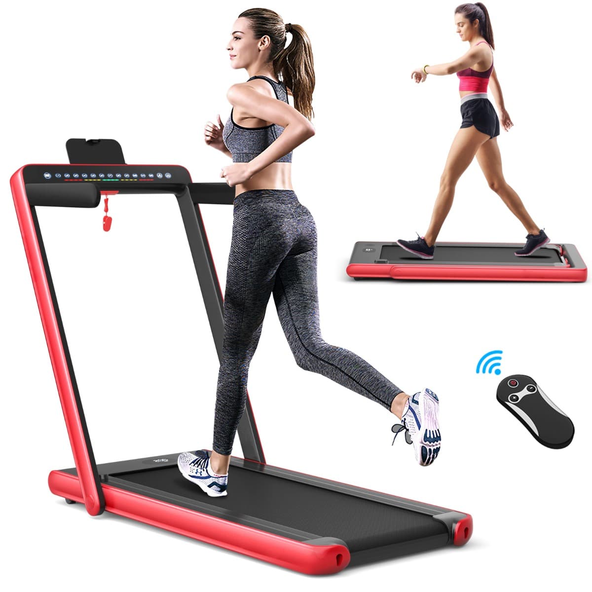 CostwayTapis de Course Pliable 0,75HP Double Affichage LED APP et Télécommande Vitesse Motorisé 12 km/h Surface 40x100cm Rouge